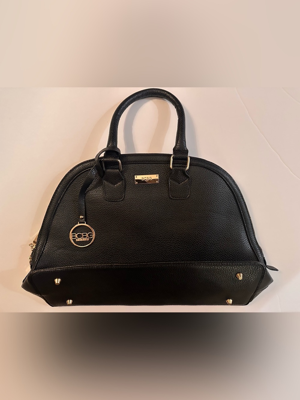 BCBG Paris Black Pebbled Leather Dome Satchel with Gold Accents